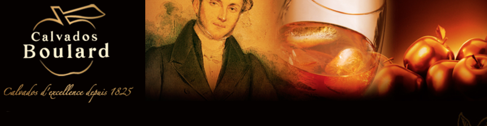 Calvados Boulard banner featuring a historical portrait, a glass of calvados, and golden apples.