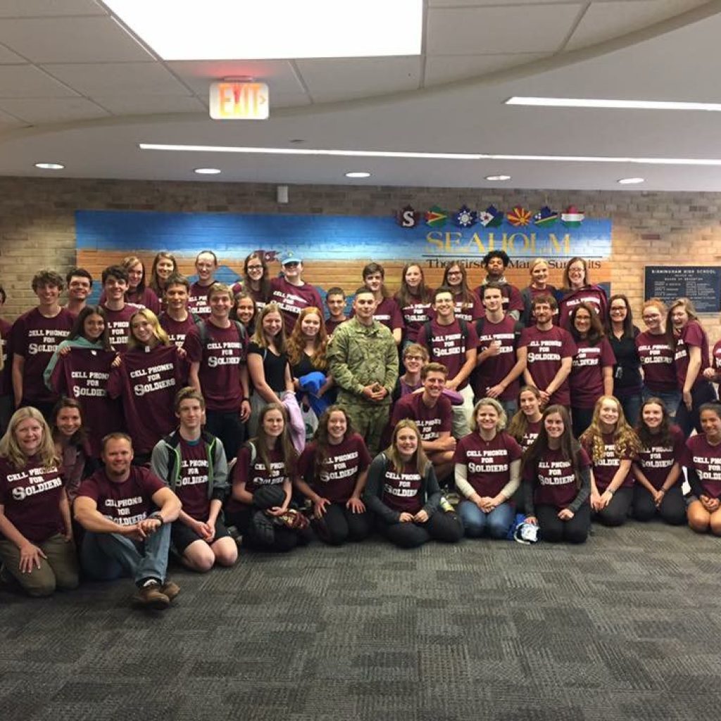 ambassador Student ambassadors supporting Cell Phones For Soldiers with a military service member.